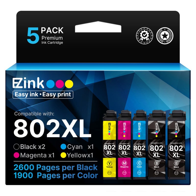 E-Z Ink (Remanufactured Ink Cartridge Replacement for Epson 802XL 802 T802XL T802 to use with Workforce Pro WF-4740 WF-4730 WF-4720 WF-4734 EC-4020 EC-4030 (2 Black, 1 Cyan, 1 Magenta, 1 Yellow) - Image 1